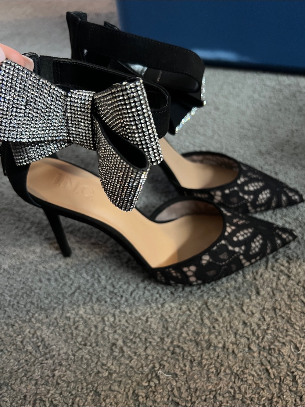 INC International Concepts Black Lace Pointed-Toe Heels with Rhinestone Bow